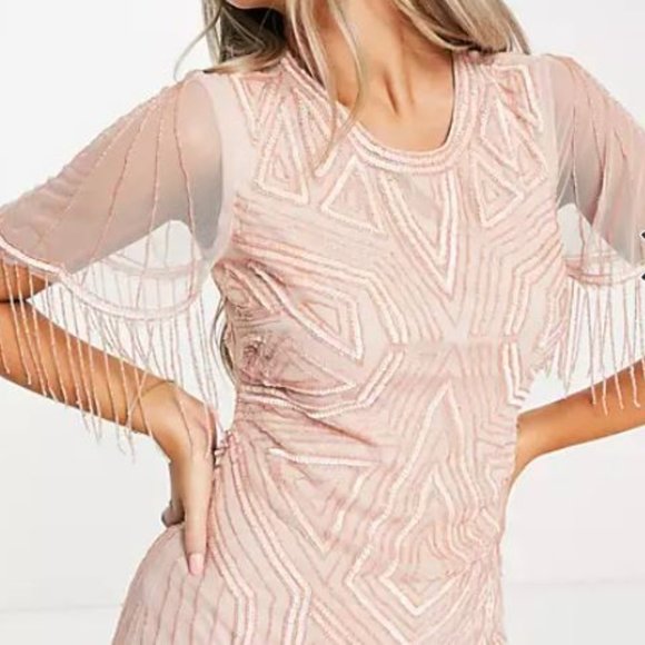 Starlet exclusive cap sleeve fringe sequin mini dress in blush ASOS Size 16 - Picture 2 of 12